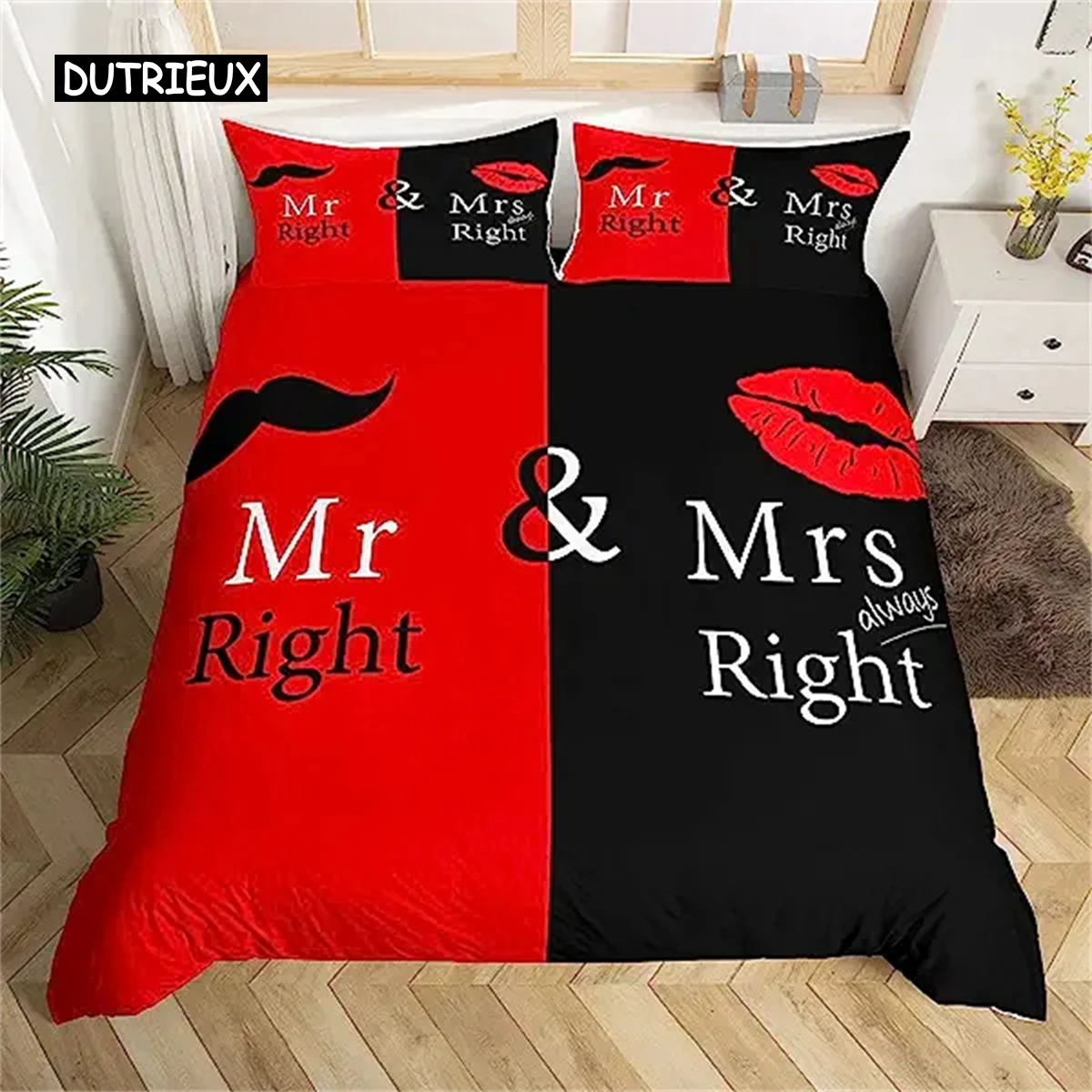 

Mr & Mrs Black Red Creative Duvet Cover Love Man Mustache Woman Lip Romance Comforter Cover Funny White Love Couple Valentine