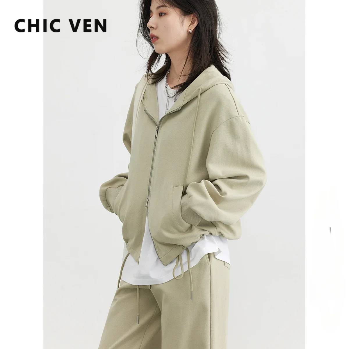 CHIC VEN Women Sweatshirt New Hooded Drawstring Sweater Coat Cotton Loose Female Tops Woman Sports Pants Autumn Spring 2023