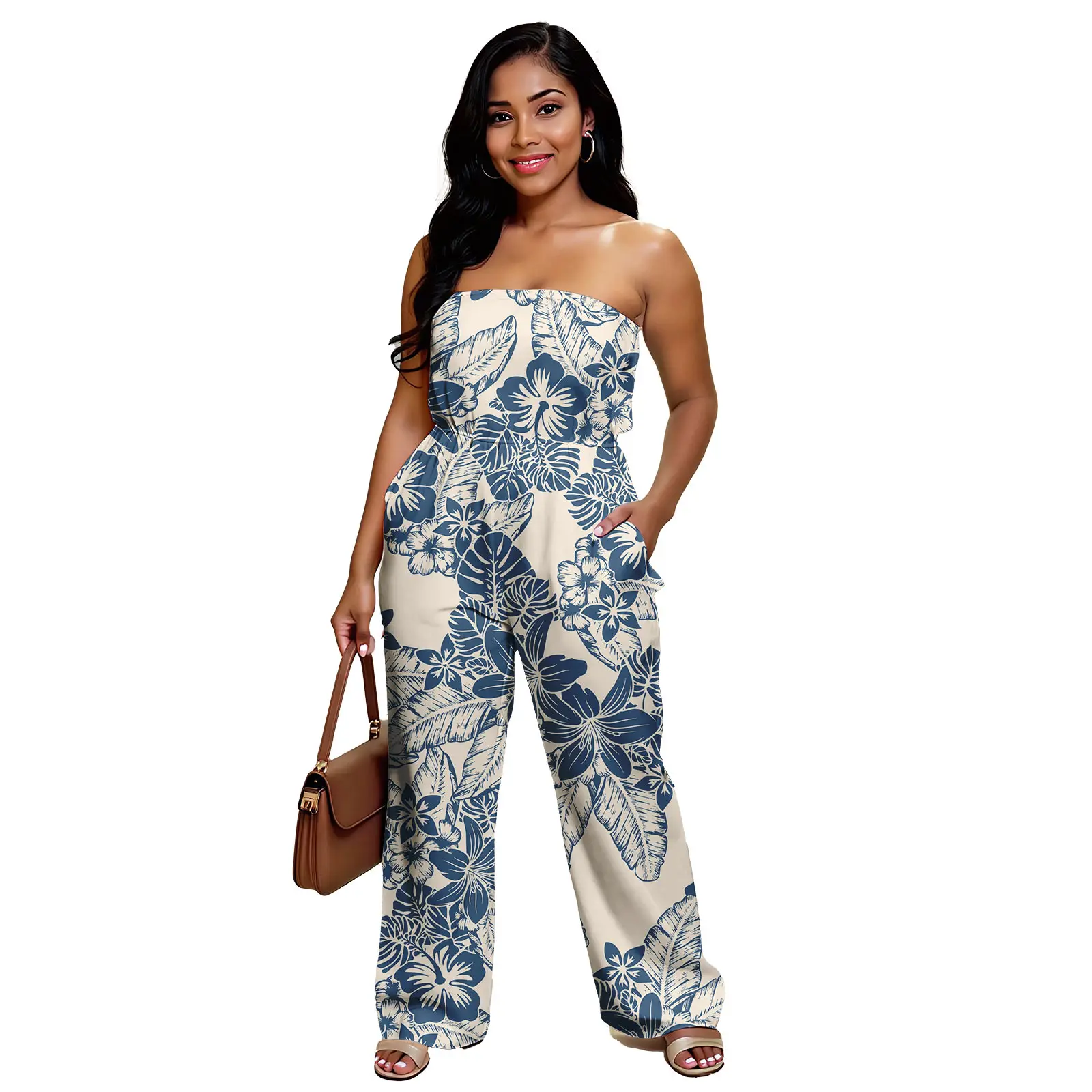 

New Style Customized Off Shoulder One Piece Women Jumpsuit Plumeria Flower Polynesian Tribal Print Ladies Rompers