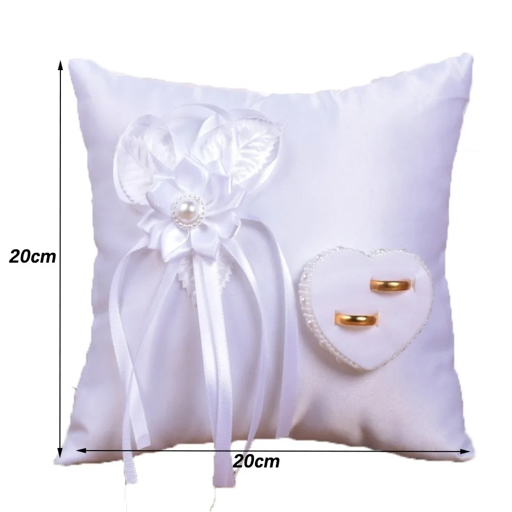Polyester Wedding Ring Pillow Handmade Ribbon Decoration Bridal Ring Cushion Camellia Detail Heart Shaped Decor