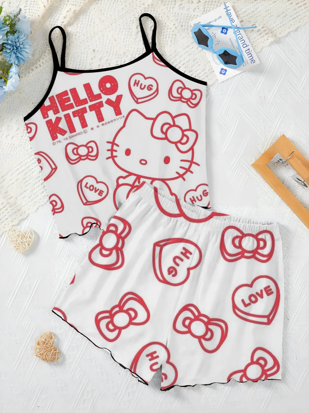 Ensemble haut et jupe pyjama pour femme, tenue d'été élégante, robe de maison Disney, Hello Kitty, garniture en laitue, t-shirt