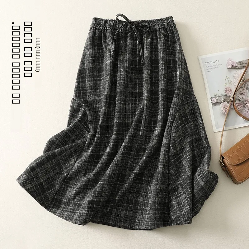 

High Waist A-Line Plaid Woolen Skirt Women's Cheered Umbrella Skirt Mid-Length Elastic Waist Skirt for Commuting