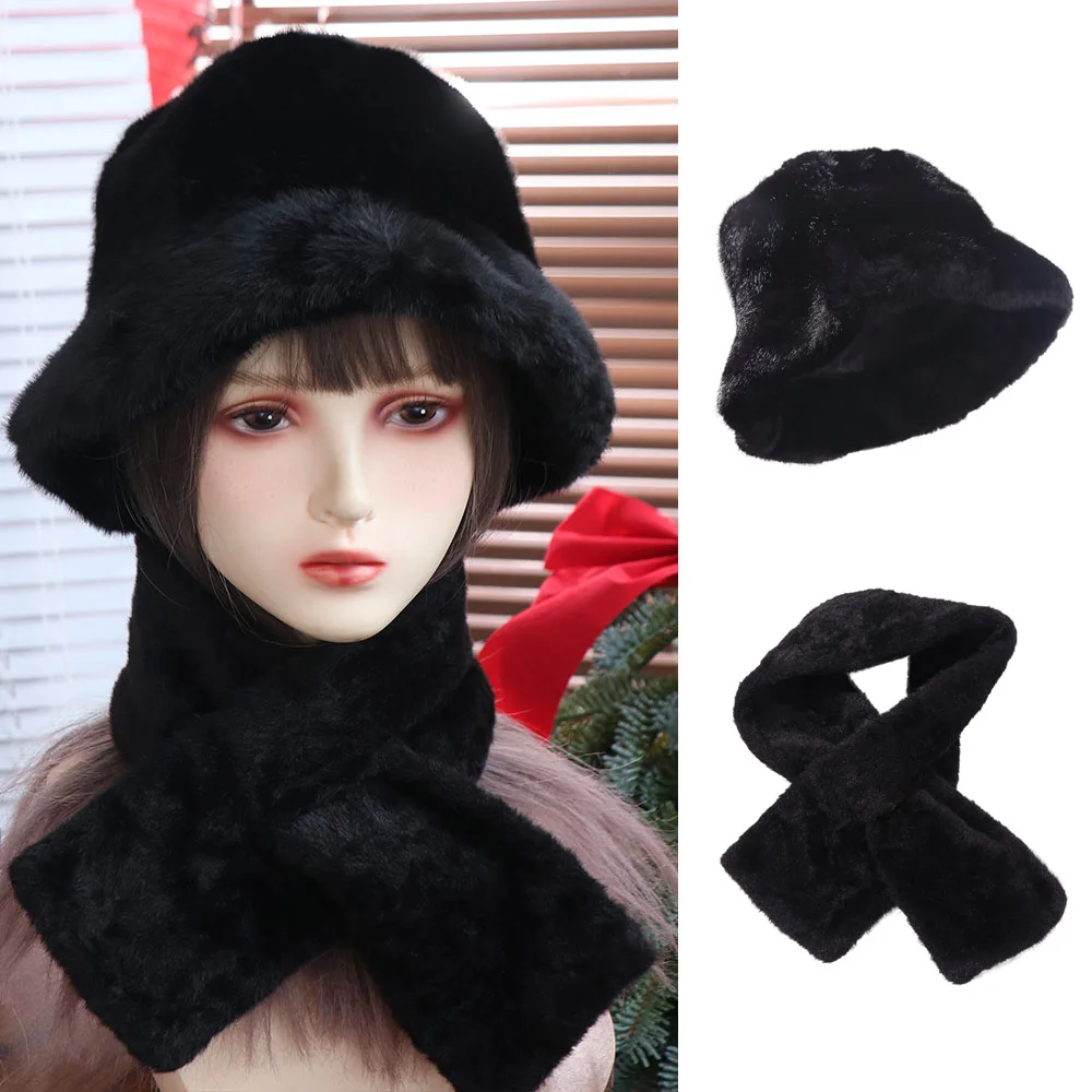 

Trendy Winter Autumn Faux Fur Bucket Hats Windproof Luxury Men's Hat Scarf Fluffy Outdoor Warm Scarf Male