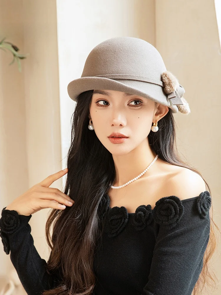 エレガントなウールフェルトハット-レディース-ショッピングストリート-秋冬新作-ラウンドトップ-カールエッジ-ウールギフトハット-おしゃれ-オールマッチ