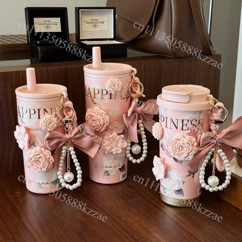 Elegant 700ML Camellia Ceramic Inner Pot Insulated Cup for Women Stylish Portable 700ML Camellia Ceramic Coffee Cup with Straw