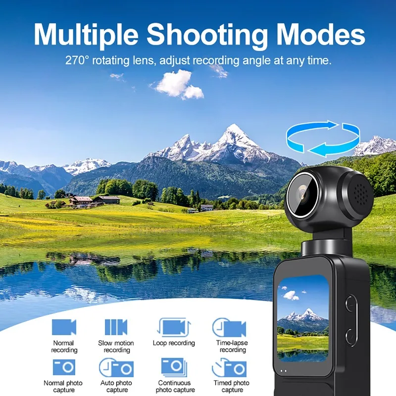 كاميرا الجيب 4K HD شاشة LCD تعمل باللمس مقاس 1.69 بوصة 270 ° تثبيت الصورة التلقائي، مسجل فيديو رقمي واي فاي محمول