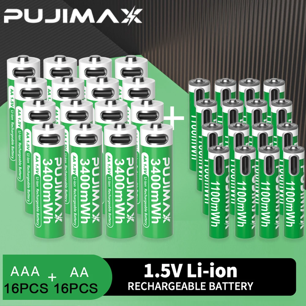PUJIMAX 1.5V AAA/AA 3400mWh 1100mWh Rechargeable Battery USB Type-C Rechargeable Li-ion Battery For Remote Control Electric Toys
