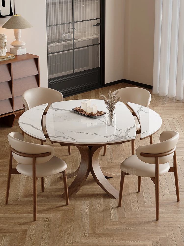 

Telescopic slate dining table round light luxury modern simple square circle dual-purpose rotating folding solid wood dining