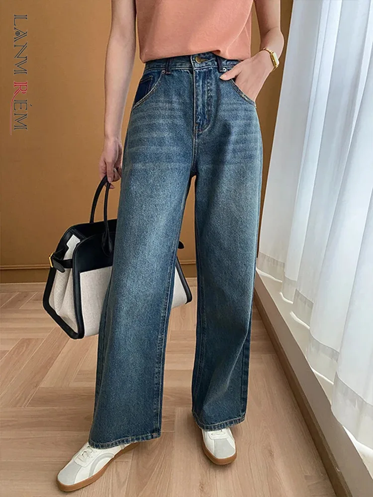 

[LANMREM] Vintage High Waist Jeans For Women Straight Wide Leg Denim Pant Office Lady Trousers Fashion 2024 Autumn New 26D9990