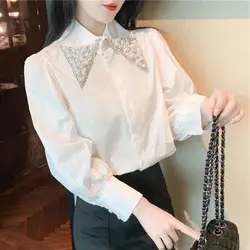 Stylish Peter Pan Collar Button Spliced Beading Chiffon Shirt Women's Clothing 2022 Autumn New Casual Tops Loose Sweet Blouse