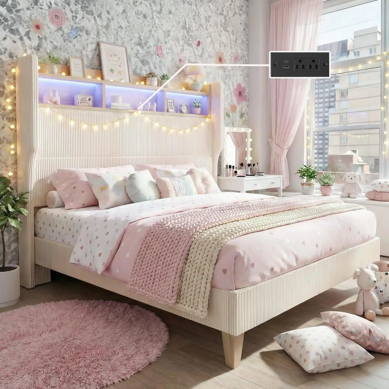 

Кровать-платформа Queen Size с обивкой, высотой 51 дюйм, с LED-подсветкой на изголовье, зарядной станцией, полкой для хранения, без пружинного блока, кремового цвета, на заказ