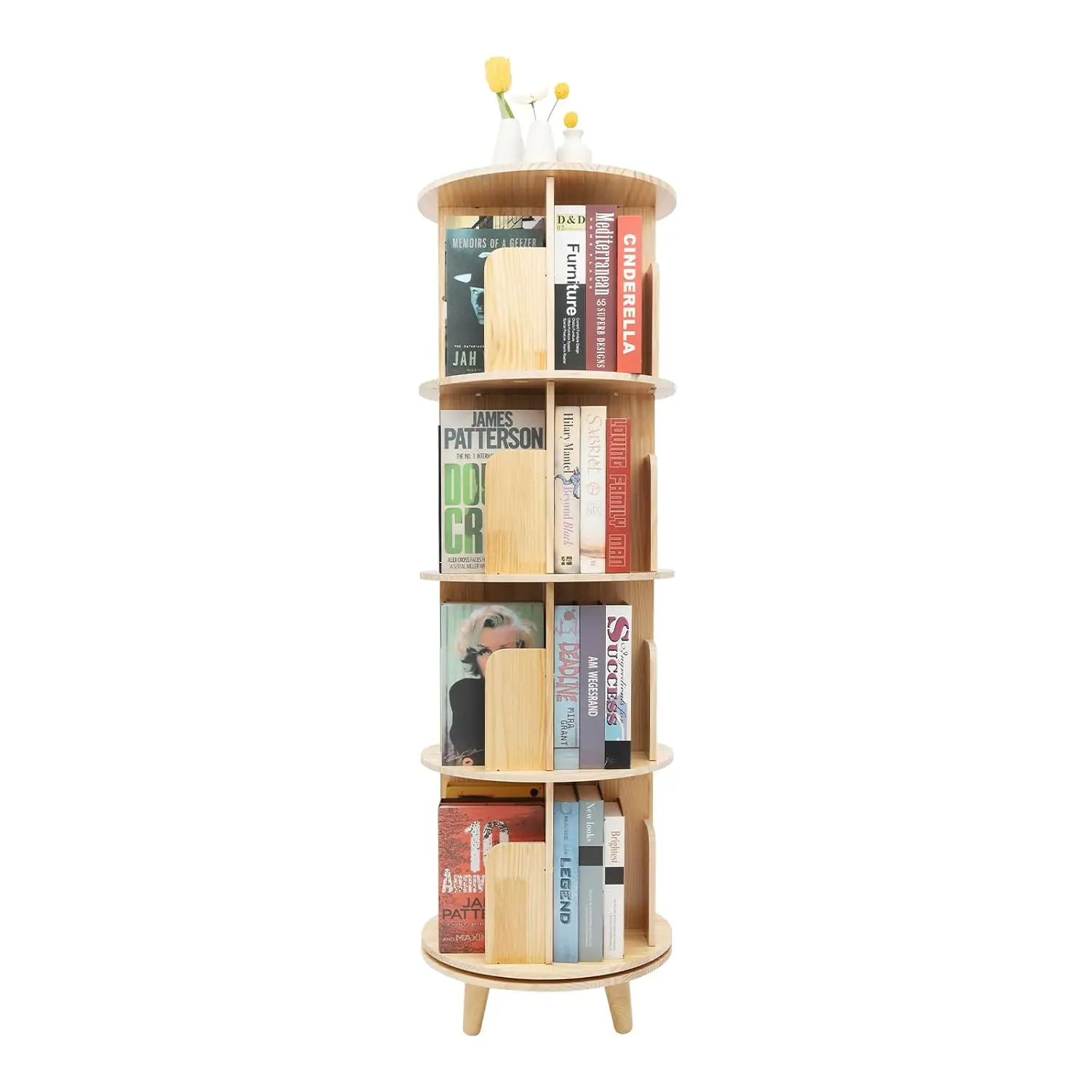 4 Tier 360° Rotating Bookshelf with Legs, Wood Round Corner Display Revolving Bookcase for Bedroom Study Office, Customized