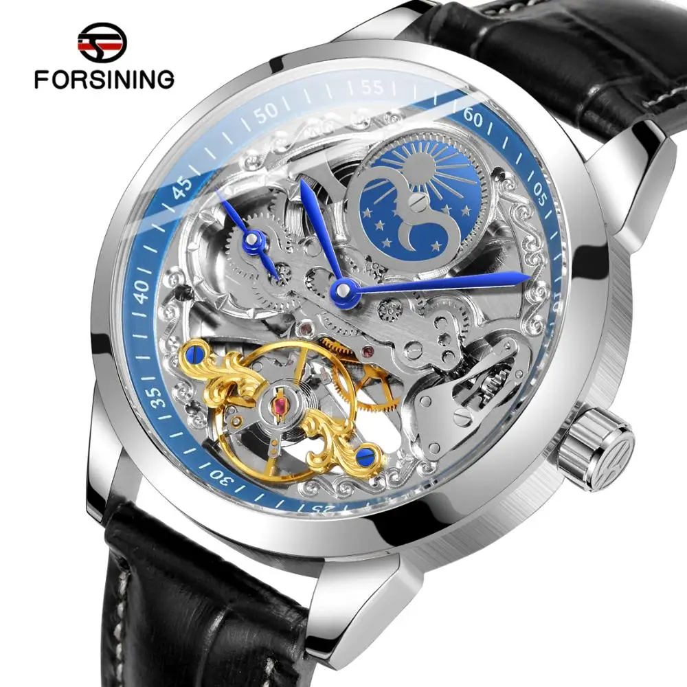 NEW FORSINING Top Sale Luxury Brand Men's Watch Black Leather Strap Water Resistant Automatic Self Wind Mechanical Wrist Watch