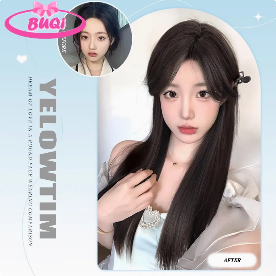 Black Long Straight Synthetic Wigs for Cosplay Ash Highlights Natural Hair Wig with Bangs for Women Heat Resistant Party Hairs