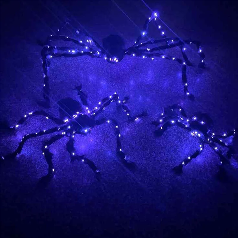 Decoración de araña de Halloween, araña gigante falsa con luces LED moradas, araña peluda negra iluminada para patio de Halloween 90CM