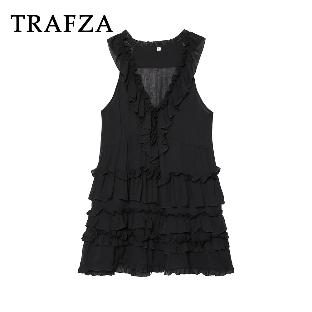 

TRAFZA Chic Sexy Black Summer Woman Mini Dresses Fashion 2025 Sleeveless Tierred V-Neck Night Party Dress Pleated Mujer Vestidos