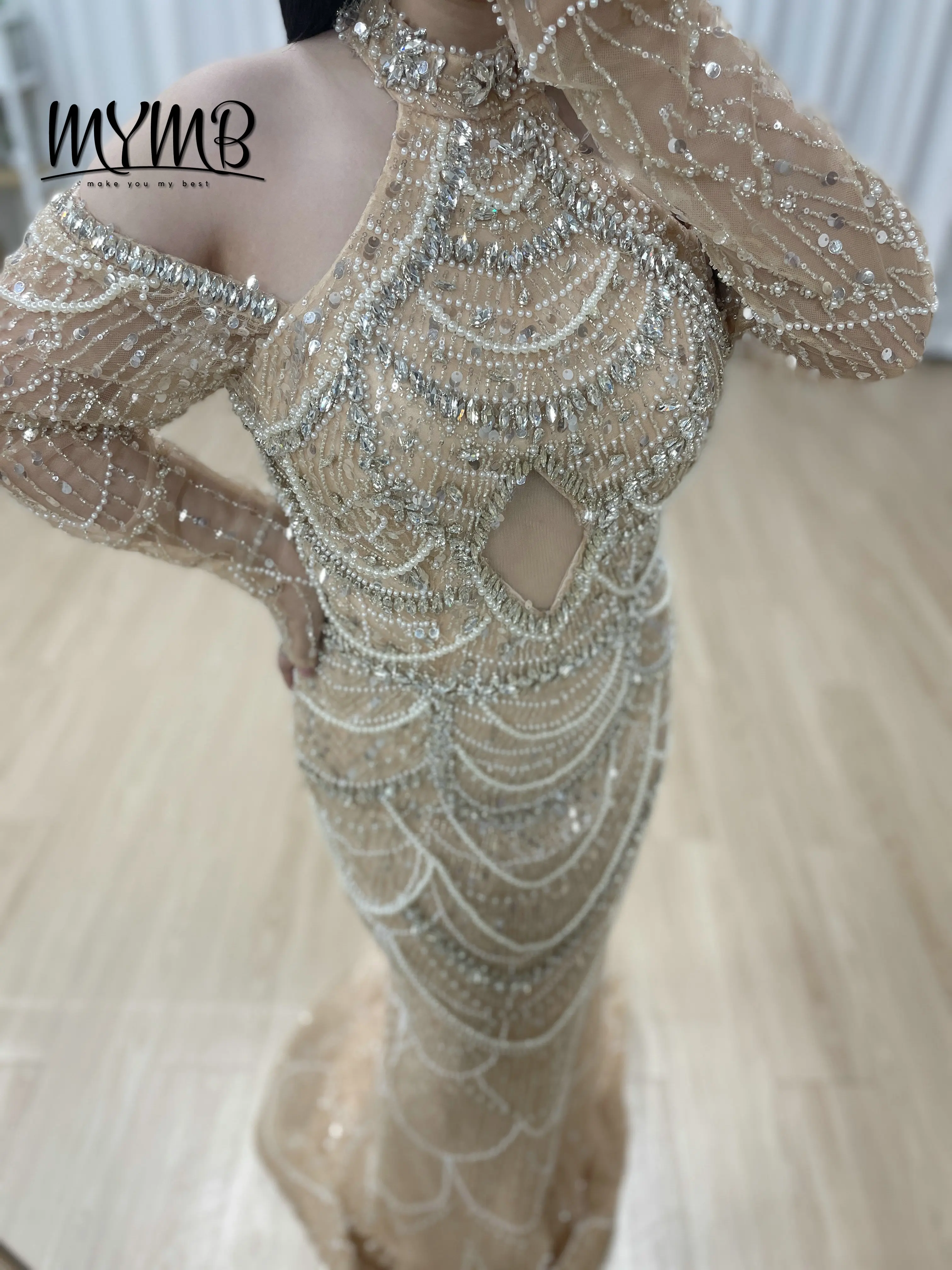 MYMB Champagne Mermaid Dresses Luxury Pearls Sheath Arabic Party Dress Elegant Formal Long Sleeve Evening Gowns for Lady MY30218