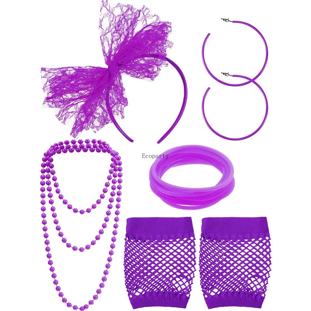 BSR 80s Fancy Dress Costume Accessories Lace Headband Earrings Fishnet Gloves Necklace Bracelet for 80s Retro Party accessories