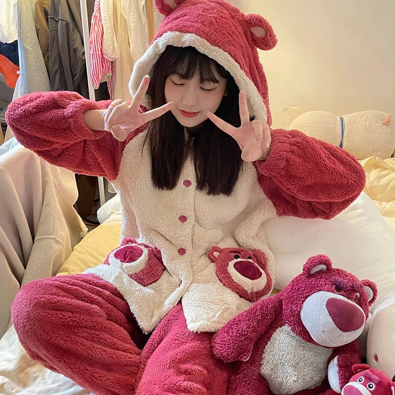 Disney winter strawberry bear cute warm pajamas female cartoon thickened coral fleece hooded cardigan loungewear set