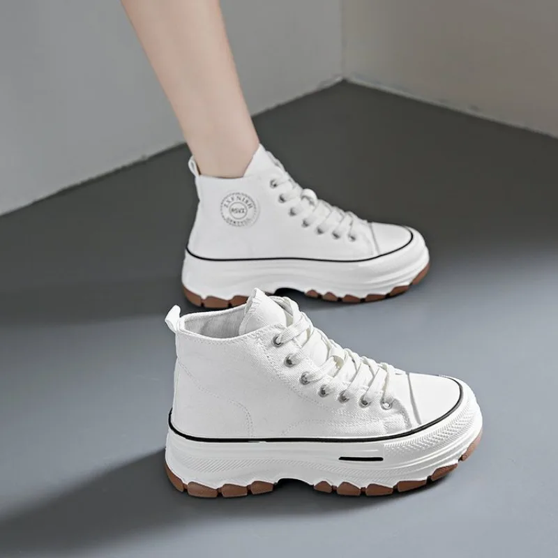 2024 Spring High Top Canvas Sneakers Women Thick Bottom White Shoes Women Casual Board Shoes Canvas Vulcanize Shoes Female