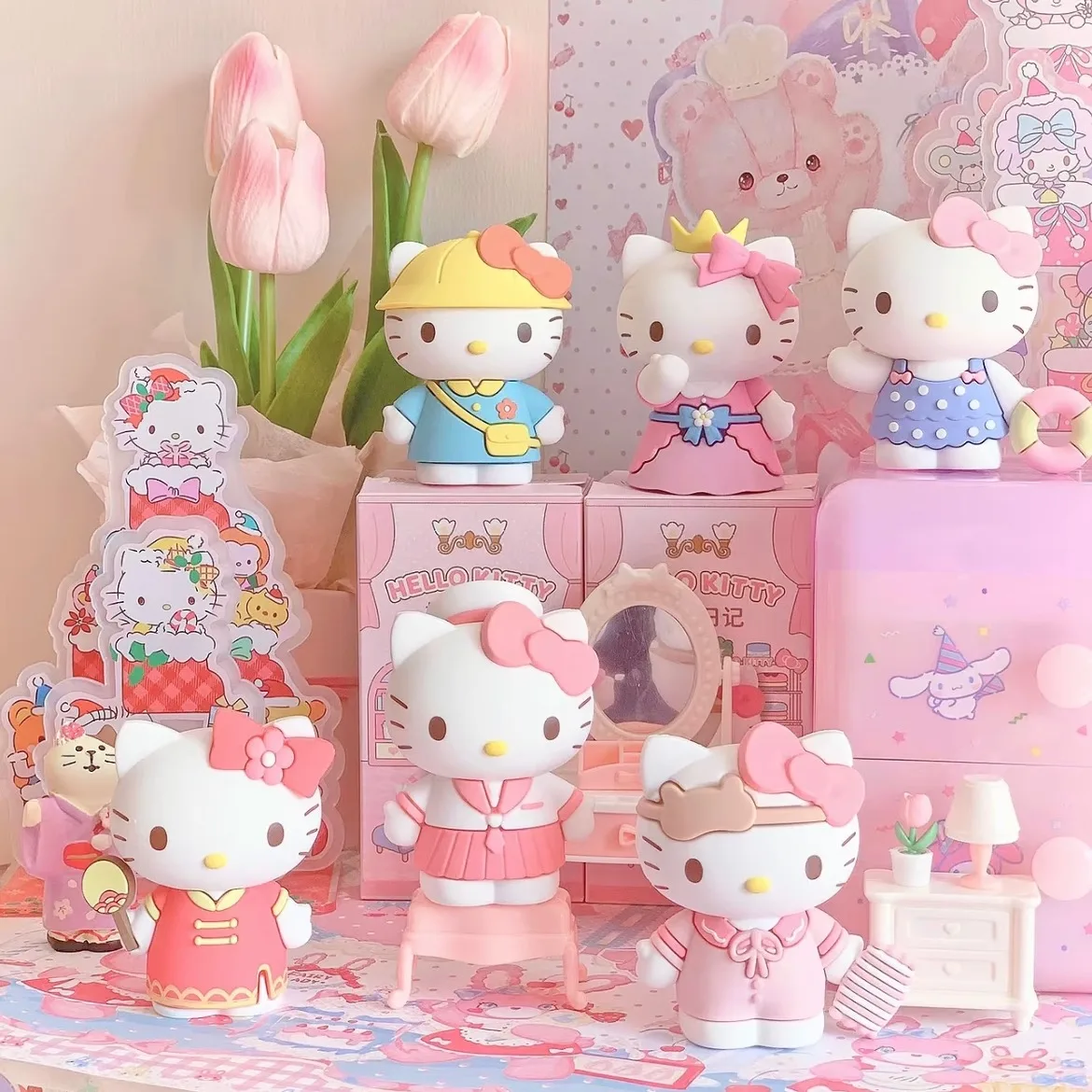 

Фигурка Hello Kitty Sanrio, мультяшный анимационный персонаж, кавайное платье, дневник, настольный орнамент, кукла для девочек, подарок на день рождения