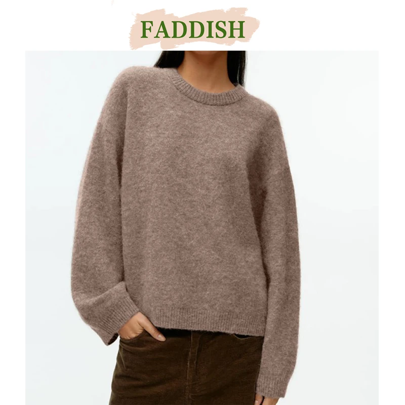 FADDISH 2024 Autumn Winter Women Fashion Loose Round Collar Knit Sweater Female Solid Casual Long Sleeve Mohair Top Pullovers