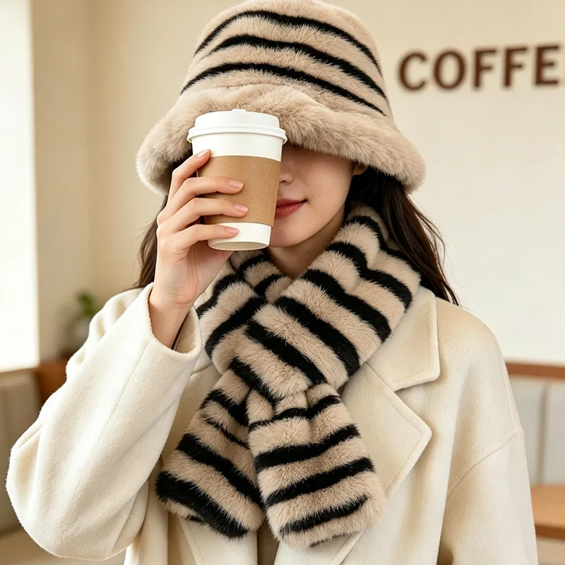 2pcs New winter striped plush hat and scarf set Korean-style warm and cold-resistant bucket caps with a cozy and stylish look