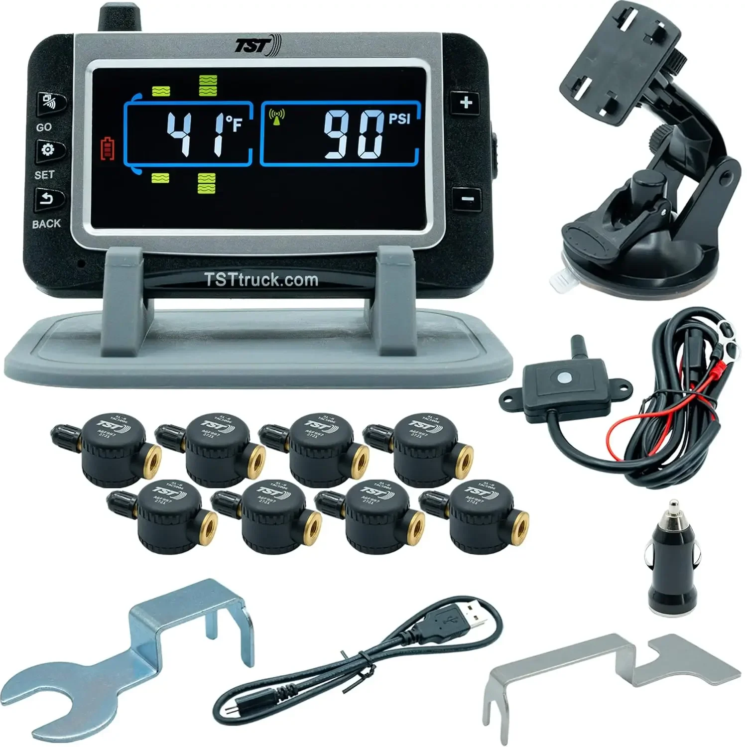 Pressure Monitoring System with 8 Flow Thru Sensors and Color Display for Metal Valve Stems