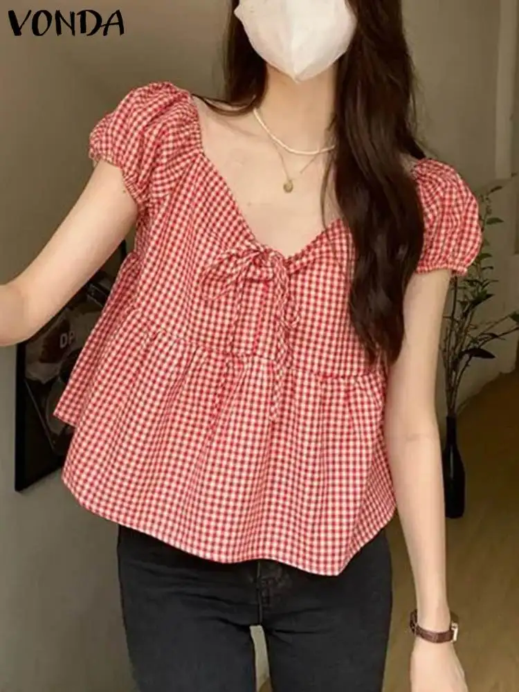 VONDA Women Fashion Plaid Blouse 2024 Summer Short Sleeve V Neck Checked Casual Shirt Bandage Bohemian Tops Blusas Femininas