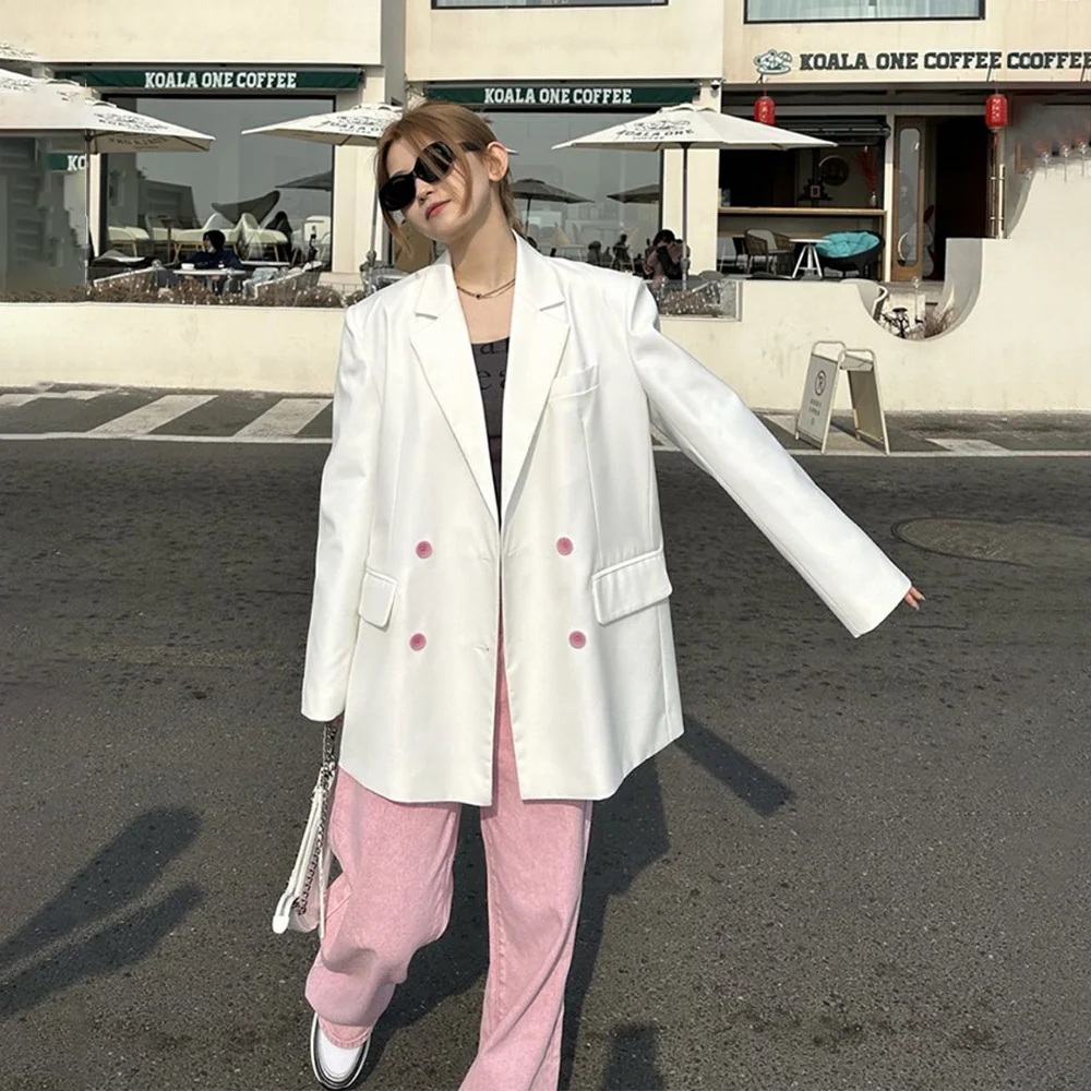 

2023 Korean Spring Loose Blazers For Women Notched Collar Long Sleeve Pink Duble Breasted Jacket Casual Female Fashion Coat