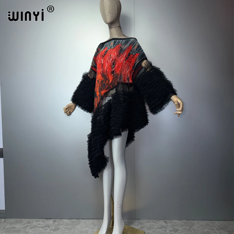 WINYI Unregelmäßiges Kaftan-Kleid im Dubai-Stil, Plissiert mit Elastischen Puffärmeln, Strandkleid, Luxuriöses Party- und Abendkleid für den Urlaub – Detail 6