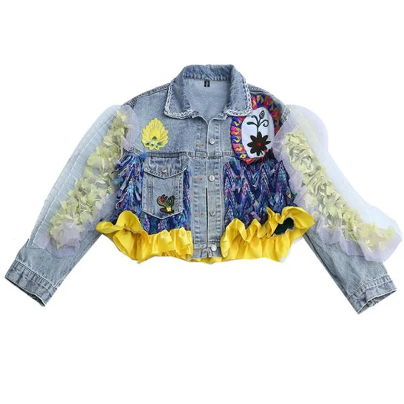 

Fashion denim jacket women loose stitching lace top sweet princess cardigan coat