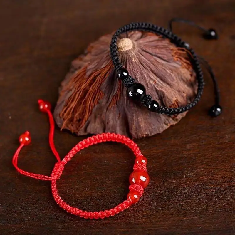 Rope Chain Bracelet Handmade Rope String Bracelets Red Black Woven Rope Good Luck Bracelet DIY Red Agate Hand Rope