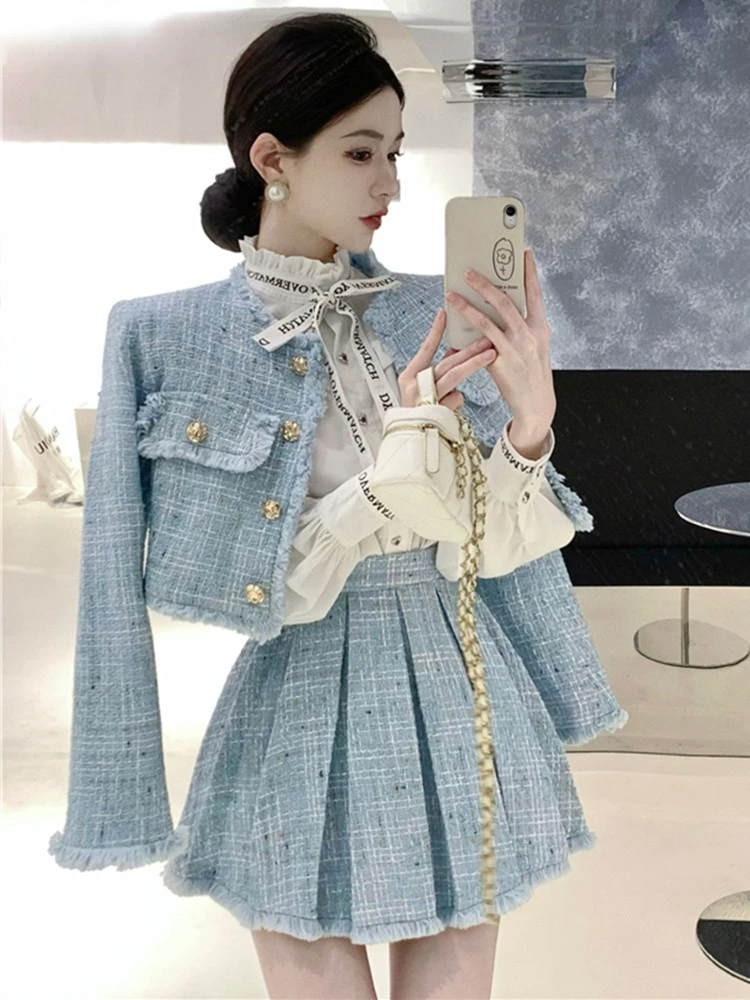 

New Korean Fashion Tweed Two Piece Set for Women Tassel Long Sleeve Short Jacket Coat + Pletaed Mini Skirt Sets Woolen Suits