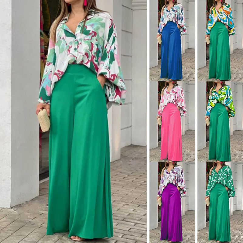 Women's clothing new product 2024 summer loose fit oversized casual printed shirt top wide leg pants two-piece set