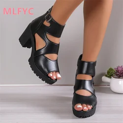 New Hollow Fish Mouth Roman Shoes Women's Sandals Thick Heel Thick Sole Short Boots Waterproof Platform High Heel Cool Boots