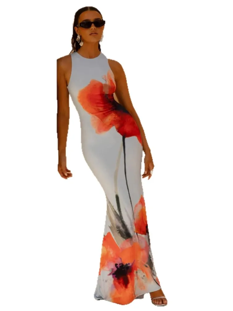 Summer Cover Ups Women Swimsuit Sleeveless Robes Bathing Suit 2026 New Flower Print Beach Holiday Maxi Dresses Cover-Up