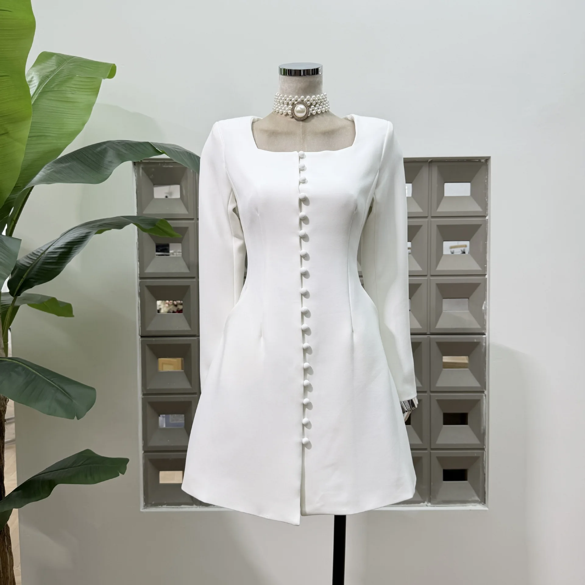 

Women’s White Square Neck Button-Front Long Sleeve Waist-Cinched Mini Dress Professional Workwear
