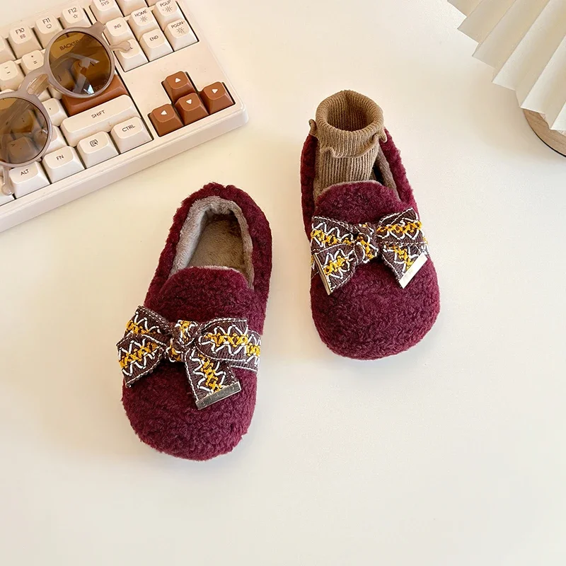 Furry Warm Bowtie Solid Color Stylish Children Winter Shoe Girl's Flat Shoes Round Toe Elastic Band Toddler Shoes for Kids Girls