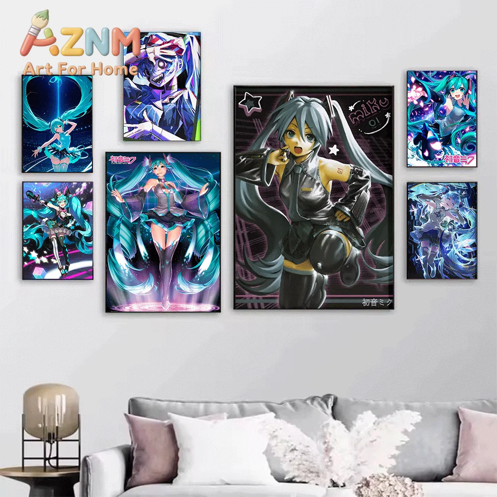 AZNM Hatsune Miku Expo Live Show Canvas Painting, Frameless Canvas Wall Art, Virtual Singer Anime Wall Painting for Bedroom Li