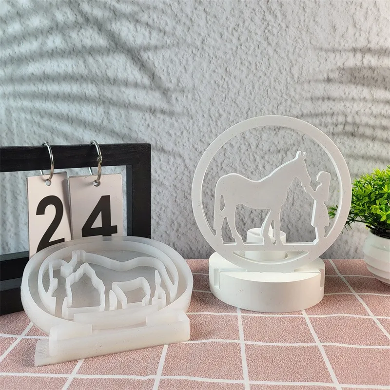 DIY Girl in the Circle Feeding Horse Insert Candle Base Silicone Mold Decoration Gypsum Resin Epoxy Mold Home Decoration Storage