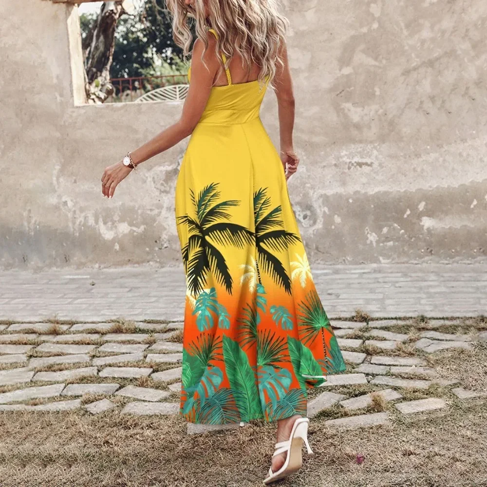 Boho Beach Sexy New Long Dresses Women Fashion Floral Print V-Neck Slim Sleeveless Backless Beach Maxi White Dress Elegant Robe