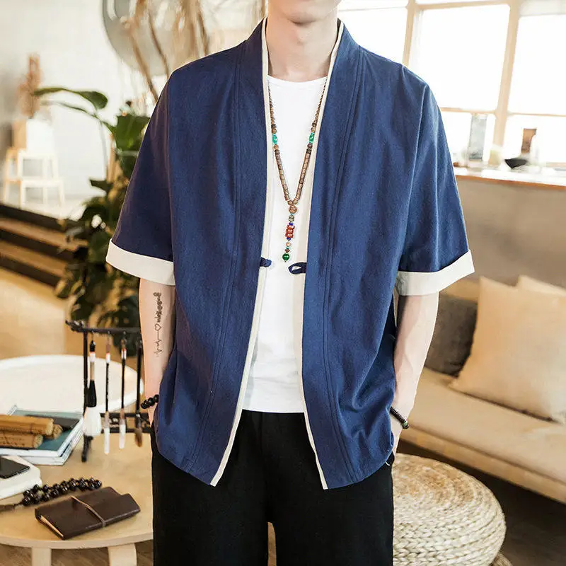 

Men's Linen Tang Suit Five-Quarter Sleeve T-Shirt Summer Breeze Open Cardigan Chinese Style Casual Loose Fit Plain Color