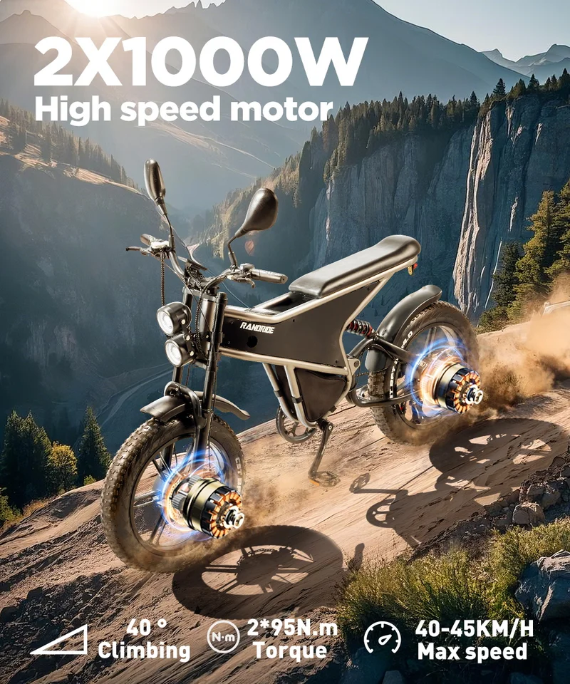 Electric Bike for Adults RANDRIDE DM711, 2000W Motor, 48V 20Ah Removable Lithium Battery, 20*4.0 inch Fat TireFull Suspension Electric Mountain Bike, Mechanical Brake, Long Range Off-Road Beach Snow Bicycle, 40-45KMH Max Speed image 3