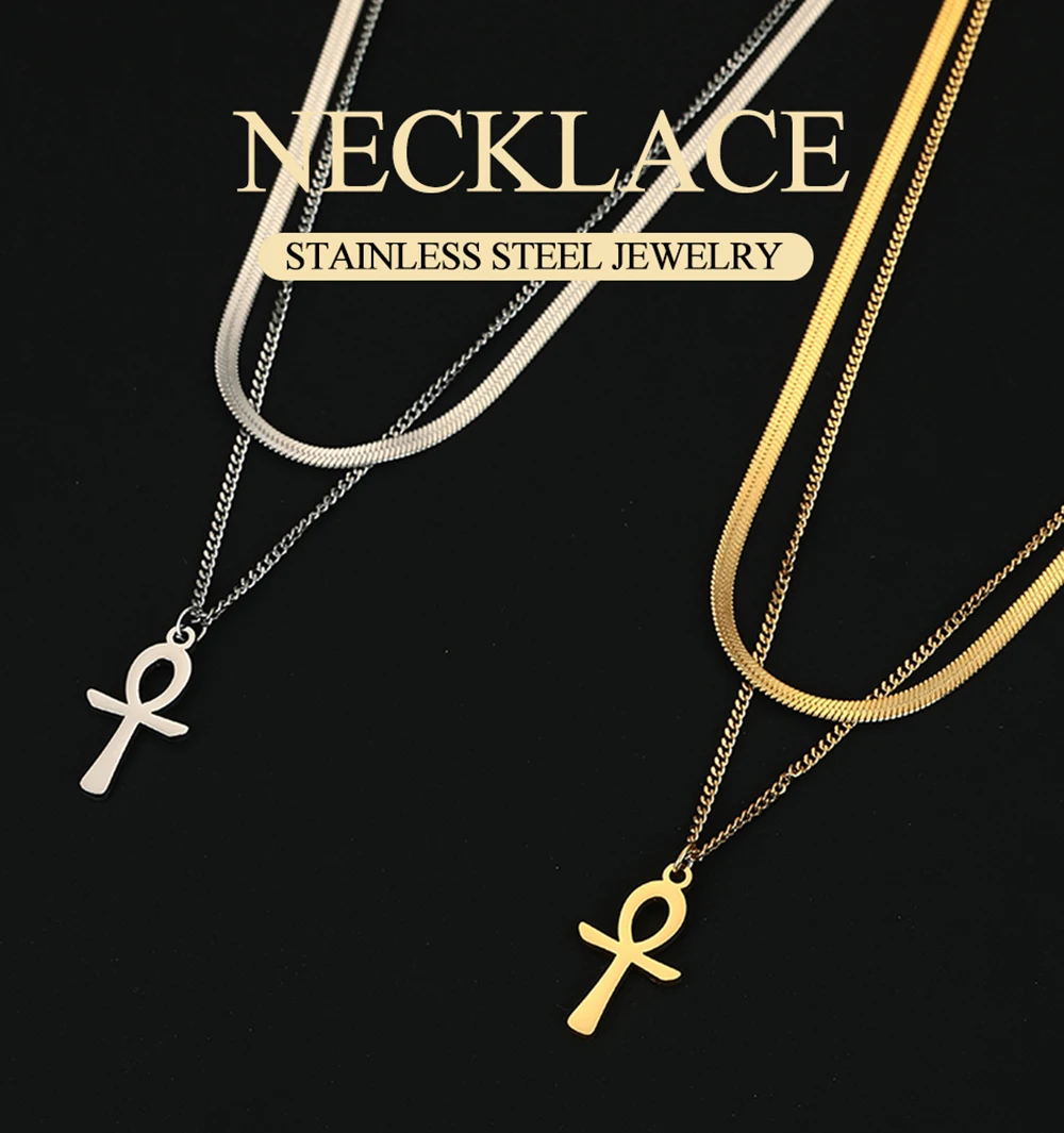 Dawapara Ankh Halskette Ägypten Koptischen Kreuz Charme Doppel Schicht Schlange Kette Edelstahl Frauen Halskette Amulett Religiöse – Detail 3