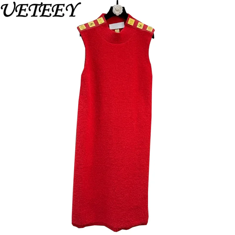 

French Style Retro Solid Sleeveless Knit Dress Female Autumn New Niche Design Metallic Slim Fit Long Sweater Dress for Women