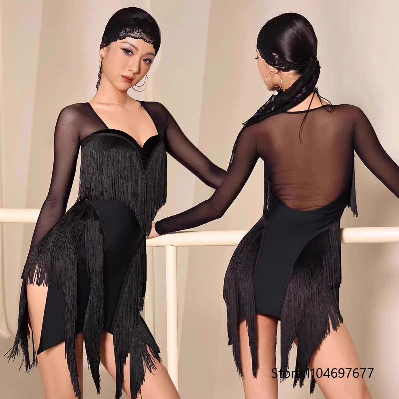 

Новое стильное платье для латиноамериканских танцев для взрослых, профессиональное, с длинными рукавами, с открытыми плечами, юбка для танцев, одежда для танцев для женщин