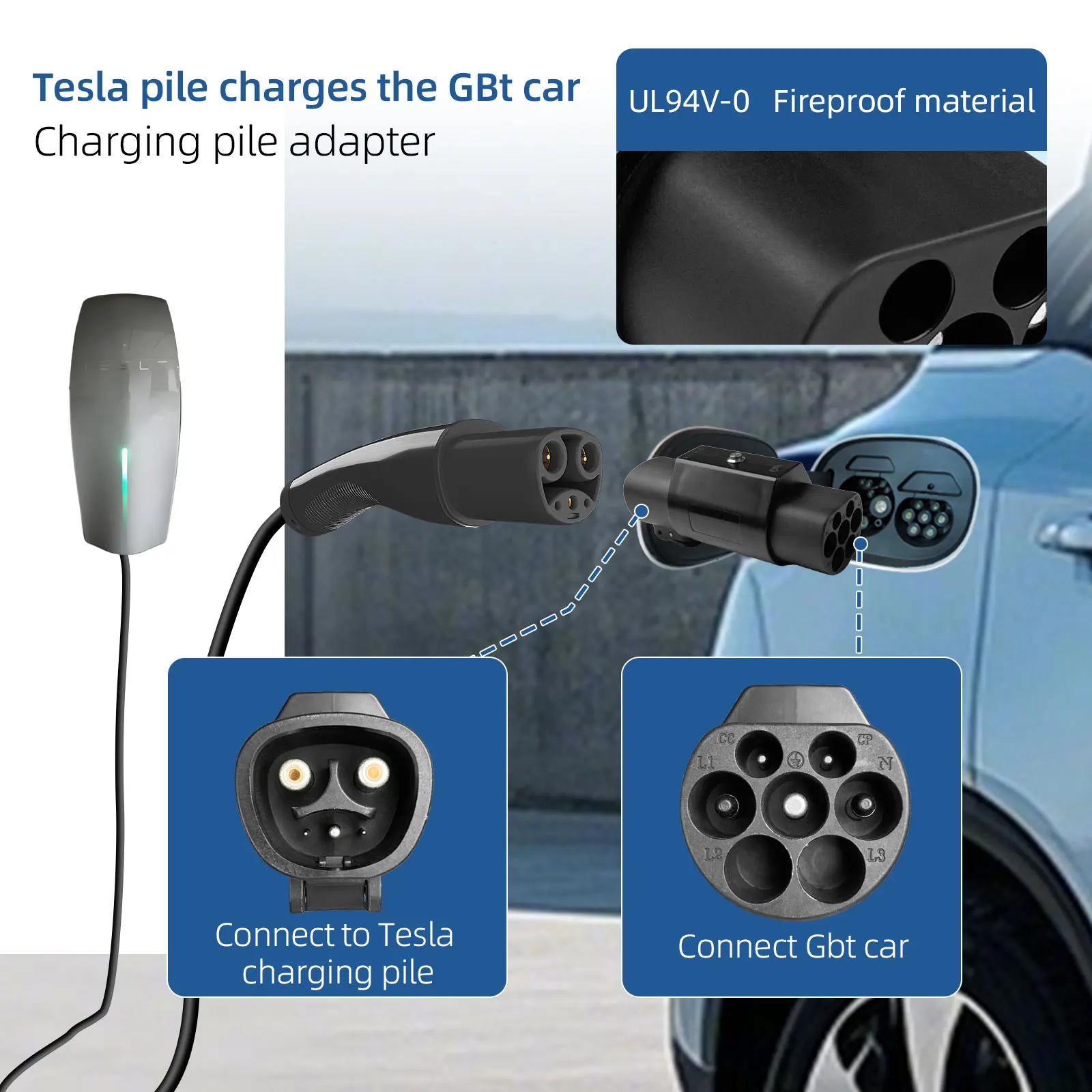 EVqiaoyi محول شحن NACS إلى GB/T EV موصل 32 أمبير 7 كيلو وات من Tesla Pile إلى محول GB/T للسيارات الكهربائية الصينية