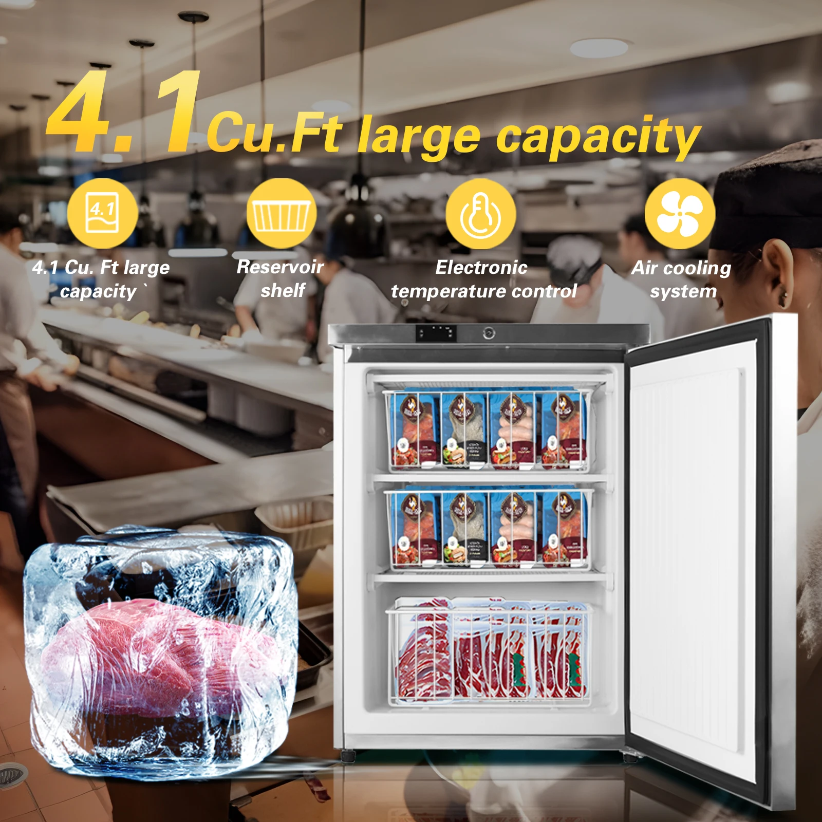 HCK Freezer, Undercounter Refrigerator with Stainless Steel Body, Electronic Temperature Control, Lockable Door, 3 Movable Baske