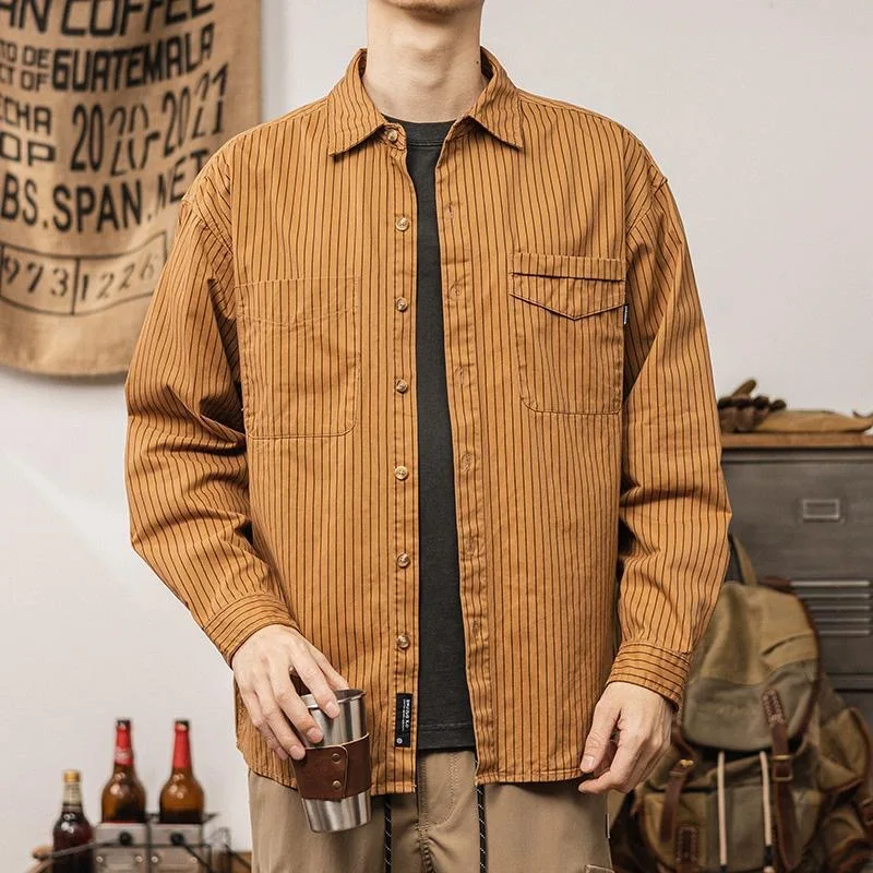 Осень и весна, новая модная тенденция, американская винтажная полосатая рубашка, мужская повседневная свободная спортивная рубашка больших размеров с длинным рукавом M-3XL